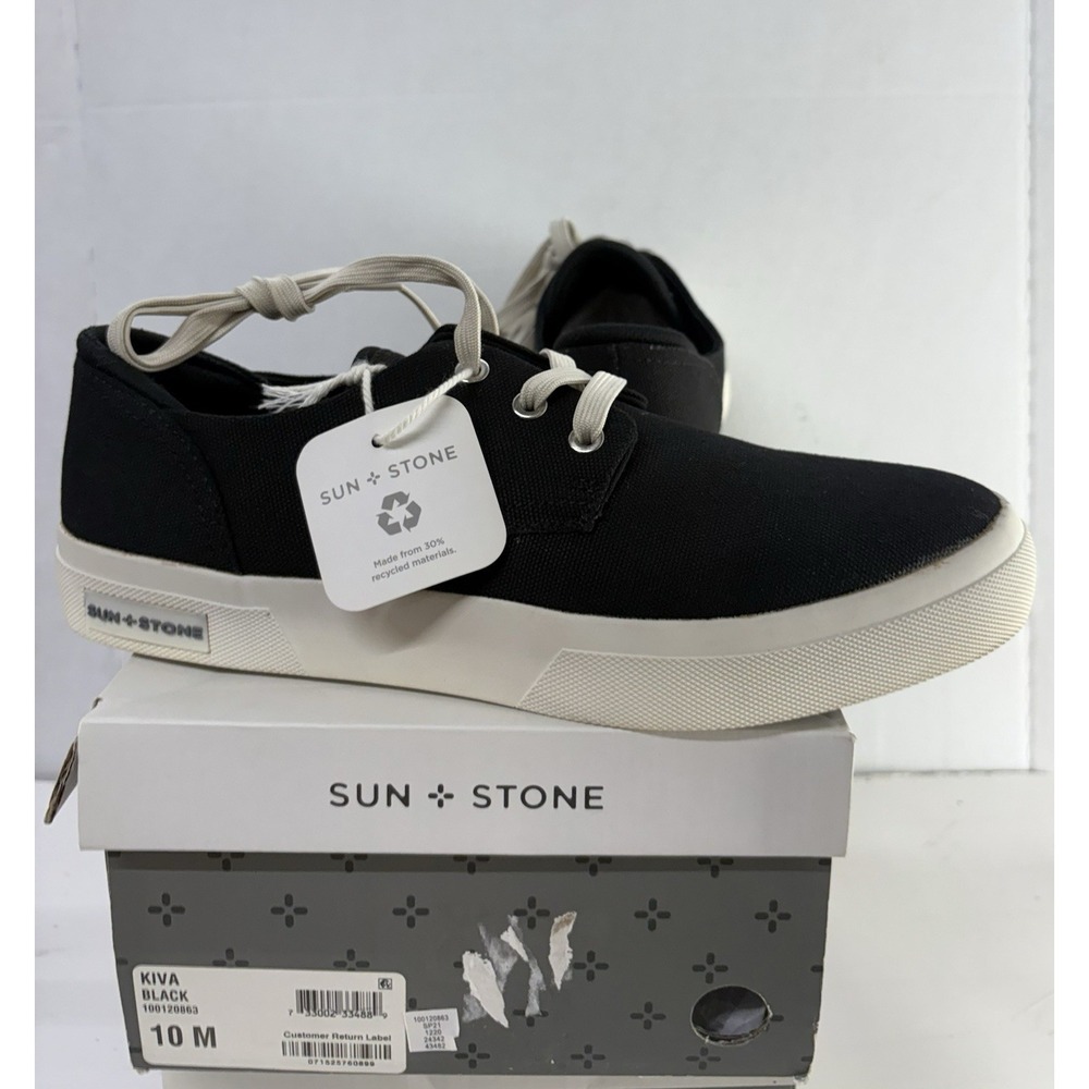 SUN STONE Men's Black Mixed Media Kiva Round Toe Lace-Up Sneakers Shoes 10M